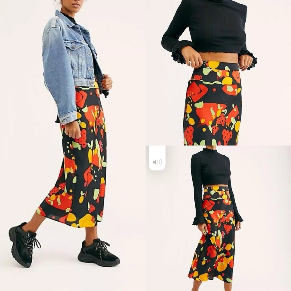 FREE PEOPLE Normani Bias PRINTED Midi Skirt Fruity Pop Black OB907663, size 4